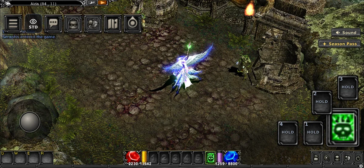 Mu Veyra no celular: joystick, botões de skill e menu de toque
